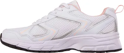 A side view of a white sneaker with pink and silver accents.