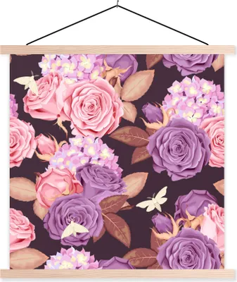 Produktbild von MuchoWow® Textilposter Blumen - Schmetterlinge - Rosa - Lila 40x40 cm mit holzfarbenen Rahmen - Posterleiste