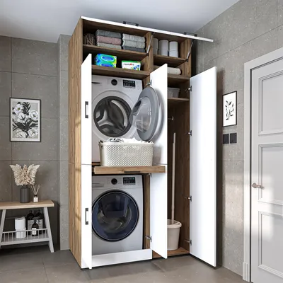 Image de Armoire de rangement pour lave-linge Roomart DORA-I, 115 cm de large, chêne blanc