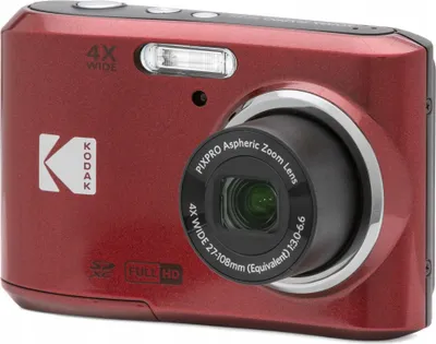 A red Kodak digital camera is shown from the front, angled slightly.