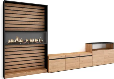 Produktbild von Wohnwand Wohnzimmer, 360x35x186cm, Für TV-Geräte bis zu 65", Elektrokamin XXL, Eiche und Schwarz