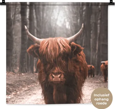 Produktbild von MuchoWow® Wandteppich Wandbehang Schottisches Hochlandrind - Wald - Kuh - Tiere - Natur 60x60 cm Tapisserie Dekoration Wandtuch - Dekorationen - Wand Decke