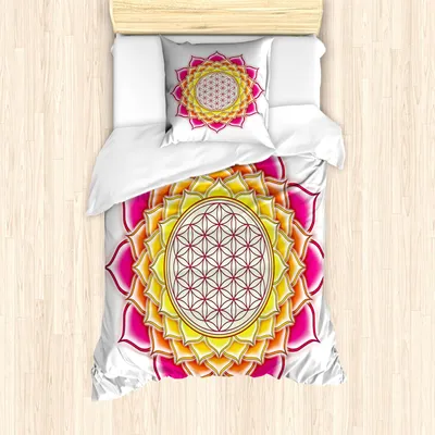 Produktbild von ABAKUHAUS Lotus Bettbezug Set, Wasserpflanze Blume des Lebens Geometrie in der Natur Symmetrisch Etnisch, 135 x 200 cm + 80 x 80 cm, Hot Pink Orange Gelb