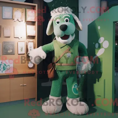 Productafbeelding van Mascot REDBROKOLY karakter van een groene hond gekleed met een tuinbroek en sjaals