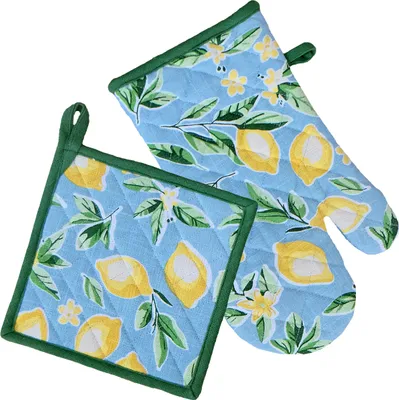 Produktbild von Küchen-Set DEBBIE blau Zitronenmotiv - 1 Topflappen & 1 Ofenhandschuh