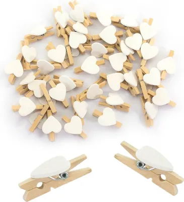 Produktbild von Oblique Unique Dekorationsklammern aus Holz, weiß, Mini Herzen, 50 Stück, 30x20mm für Hochzeit, Geschenke & Blumen