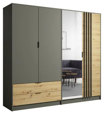 Image de Armoire Rodgau pour chambre à coucher 220 x 55 x 202,5 cm, 4 portes, graphite / chêne Artisan