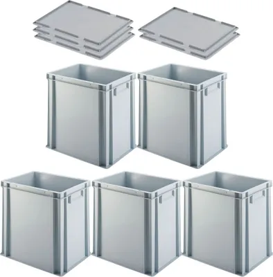 Produktbild von SuperSparSet 5x Eurobehälter mit geschlossenem Griff & Auflagedeckel | HxBxT 40x30x40cm | 37 Liter | Grau | Eurobox, Transportbox, Transportbehälter, Stapelbehälter