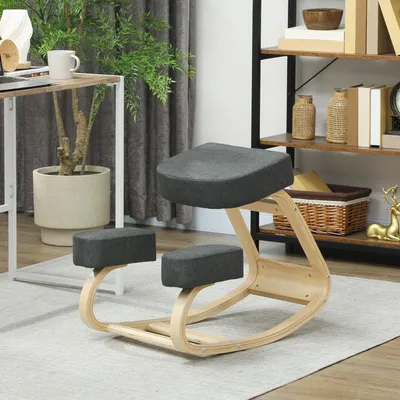 Produktbild von Kniestuhl ergonomisch, Kniehocker Gesundheitsstuhl, Büro Homeoffice Zuhause, Birkenholz, Dunkelgrau | 69 x 51 x 58 cm | 120 kg | 6,65 kg