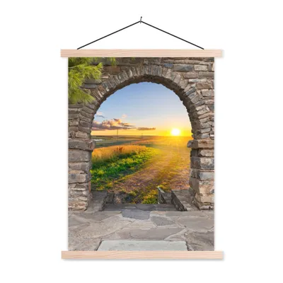 Produktbild von MuchoWow® Textilposter Landleben - Sonne - Aussicht - Landschaft 60x80 cm mit holzfarbenen Rahmen - Wandbild