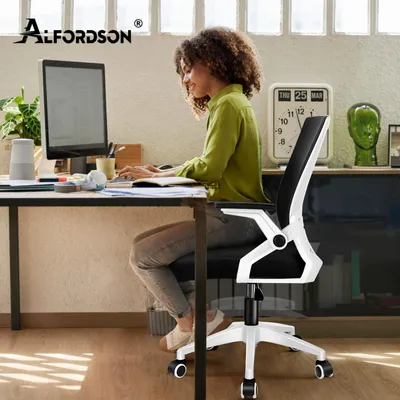 Produktbild von ALFORDSON Bürodrehstuhl, Ergonomischer Mittelhoher Netzstoff Drehstuhl mit Rollen, Bequeme Lendenstütze, Hochklappbare, Schwarz & Weiß
