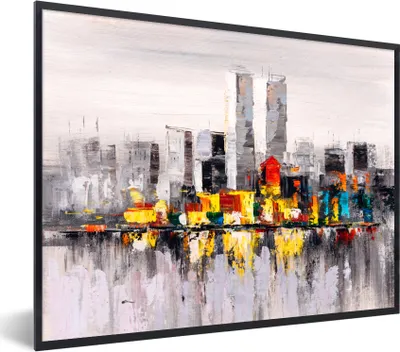 Produktbild von MuchoWow® Gerahmtes Poster Gemälde - Skyline - Farben - Ölfarbe 80x60 cm - Poster mit Schwarzem Bilderrahmen Wandposter Rahmen Foto Bilder - Schwarzem - Mit Gestell