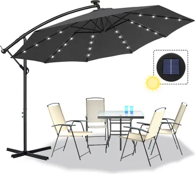 Produktbild von Sessamen-LP Alu Sonnenschirm Ampelschirm LED Solar Ø300 cm mit Kurbelvorrichtung Gartenschirm Balkonschirm ,UV-Schutz 40+,Dunkelgrau