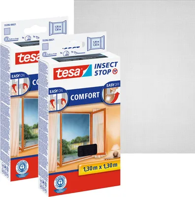 Produktbild von tesa 2x Fliegengitter Comfort Insektenschutz Fenster ohne Bohren grau 1,3x1,3 m
