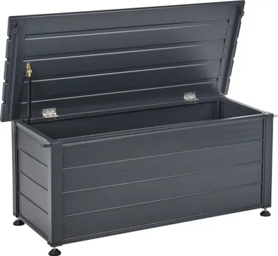 Produktbild von BELIANI Gartentruhe 190L Dunkelgrau Aluminium Wasserfest mit Schloss Abschließbar Holzoptik Kissenbox Auflagenbox Aufbewahrungsbox Gartenbox Terrasse