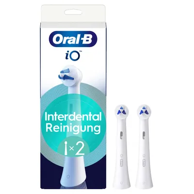 A product shot of Oral-B iO Interdental Cleaning brush heads in their packaging, with two individual brush heads shown to the right.