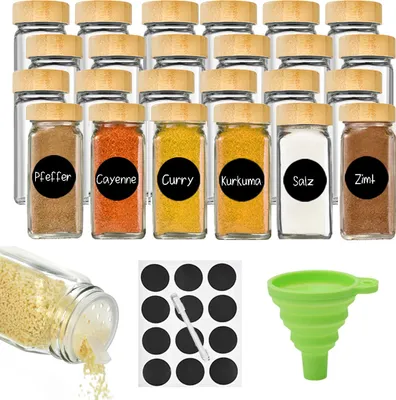 Produktbild von 24x Gewürzgläser mit Bambusdeckel inkl. 50x Etiketten + Stift + Silikon Trichter