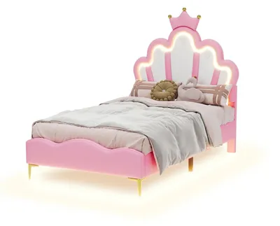 Obrázok produktu pre Detská postel "Princezná" - jednolôžková posteľ 90x200 cm - drevená konštrukcia - opierka v tvare koruny - nastaviteľná opierka - ružová farba