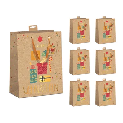 Produktbild von PremiumLine Weihnachtstüten Kraftpapier 6 Stück | Geschenktüte aus recyceltem Kraftkarton mit Baumwollband | DIN A5 Geschenktasche Frohe Weihnachten, Medium 18x23x10cm | Skorpion Papeterie (Frohe Weihnachten)