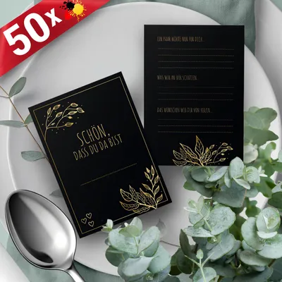 Produktbild von 50 Tischkarten 'Schön, dass du da bist', Elegant Moments Golden Noir Schwarz-Gold