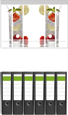 Produktbild von Wallario 6 Stück breite Ordner inkl. Klebeetiketten mit Motive Glas Wasser mit Erdbeeren -  Set mit Rückenschildern / Ordnerrücken Stickern