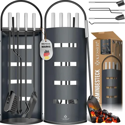 Immagine prodotto di KESSER® Accessori per caminetto set da 5 pezzi - Design moderno, rivestito, Set da caminetto di alta qualità composto da 5 pezzi: Scopa, pala, attizzatoio, pinze, supporto con paravento in acciaio inox
