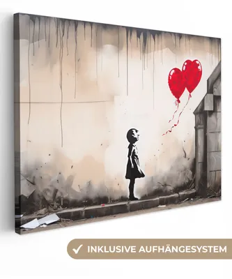 Produktbild von Wanddeko 80x60 cm - Banksy - Kunst - Mädchen - Luftballons - Herz - Grau, Wandbilder, Wanddeko Wohnzimmer