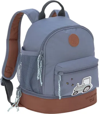 A gray and brown children's backpack with a tractor design.
