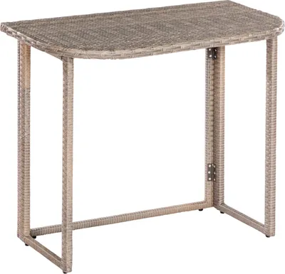 A table with a woven top and metal legs.