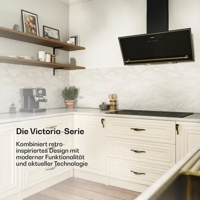Produktbild von Klarstein Victoria Dunstabzugshaube - 90 cm Abzugshaube, 400 m³/h Luftstrom, A++ , Touch-Bedienfeld, LED-Beleuchtung, Schwarz/Gold, Abluft & Umluft, Leise 52 dB