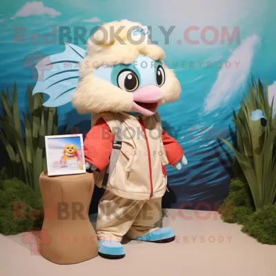 Produktbild von Cremefarbener REDBROKOLY Betta-Fisch Maskottchen Kostüm charakter bekleidet mit einer Windjacke und Geldbörsen