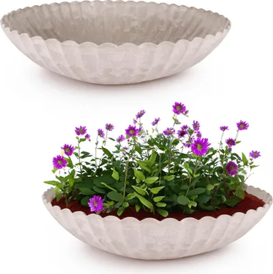 Produktbild von Runde Pflanz-Schalen gewellt für draussen sand beige marmoriert 35 cm