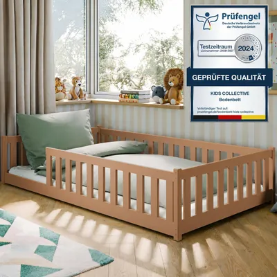 Produktbild von Kinderbett Bodenbett 120x200 cm mit Rausfallschutz, Matratze & Lattenrost Montessori Bett Bed Gitterbett Kinder Jugendbett Einzelbett | Zimt