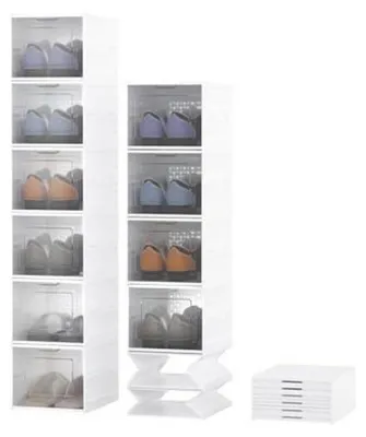Image de Boîtes à chaussures pliables, lot de 12, empilables, avec porte transparente, en plastique, blanches, jusqu'à la taille 46