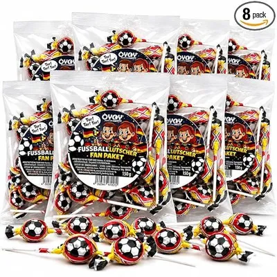 Produktbild von Süßigkeit OYOY Fußball-Lutscher mit Erdbeergeschmack – 120 Stück, 1.200 g (8 Beutel à 15 Lutscher), für Fußballfans, Geburtstagsparty und Schultüte