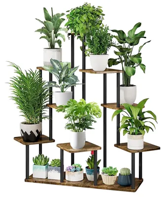 Produktbild von 9-stöckiges Blumenregal/Pflanzenständer aus Holz, mehrstöckiger Blumenständer, Blumenbank, Blumenleiter, Pflanzenregal, Stehregal für die Dekoration von Innengärten und Balkonen (schwarz)