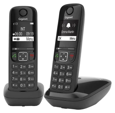 Produktbild von Gigaset AS690 Duo, Analoges/DECT-Telefon, Kabelloses Mobilteil, Freisprecheinrichtung, 100 Eintragungen, Anrufer-Identifikation, Schwarz