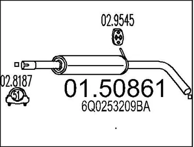 Produktbild von MTS 01.50861 Mittelschalldämpfer Schalldämpfer für VW POLO (9N) für SKODA Fabia II Schrägheck (542) Fabia II Combi (545) für SEAT Ibiza IV Schrägheck