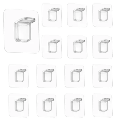 Obrázok produktu pre Držiak na poličky v tvare L, 15 kusov, priehľadný, 6 x 6 cm, vyrobený z ABS plastu, bez potreby vŕtania, samolepiaci
