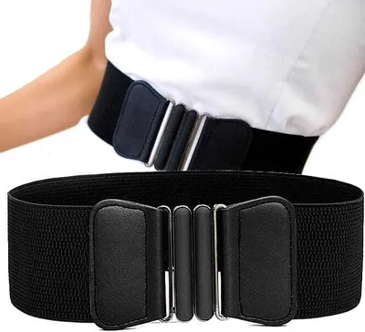 A black elastic belt with a silver buckle is shown on a person's waist.