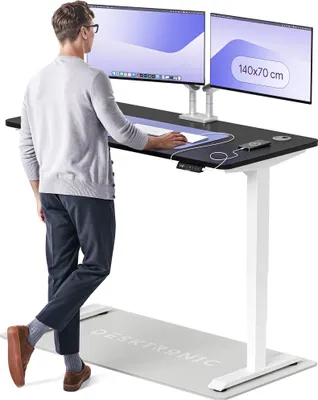 Image de Desktronic HomePro Bureau électrique réglable en hauteur 140x70cm blanc/noir avec fonction mémoire, technologie anti-collision, ports de charge USB-A et USB-C