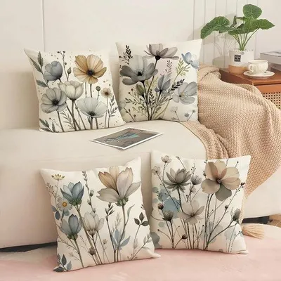Obrázok produktu pre Uniqoos® Sada 4 vankúšikov, 45 x 45 cm – Kvetinový vzor, zmes lnu, dekoratívne vankúše na pohovku do obývačky a spálne, s nenápadným zipsom