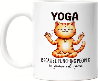 Produktbild von Yoga Because Punching People Is Frowned Upon Tasse Weiß Geschenkidee für Yoga-Fans und Katzenliebhaber