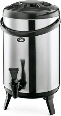 A stainless steel beverage dispenser with a black lid, handle, and spigot, standing on three black legs.