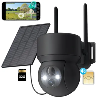 Produktbild von 4G LTE Überwachungskamera Aussen Solar mit SIM Karte 2K HD PTZ Kabellos Kamera Ohne WLAN Outdoor Akku Farb Nachtsicht PIR Erkennung mit 32G