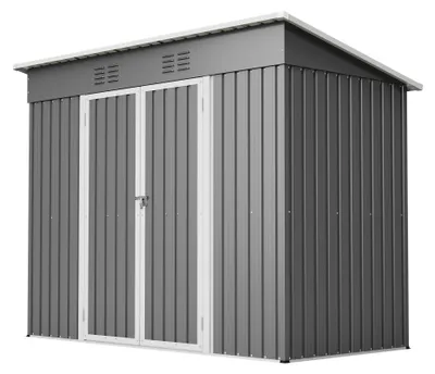 Zdjęcie produktu dla Domek ogrodowy o wymiarach 242 × 126 × 182 cm, metalowa szopka na narzędzia z drzwiami zamykanymi na klucz, wyposażona w 2 kratki wentylacyjne i dwuspadowym dachem, kolor: szary