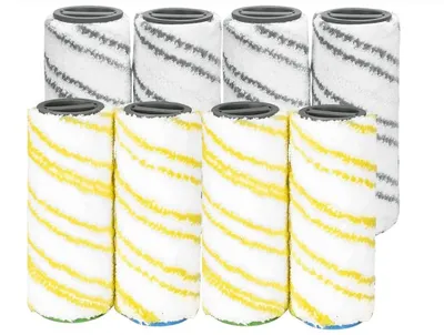 A set of eight paint roller covers, four yellow and four gray, arranged in two rows against a white background.