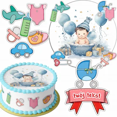 Produktbild von Zestaw Opłatek Na Tort 20Cm + 16 Postaci - Babyshower + Imię 15Cm 18Cm
