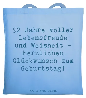 Produktbild von Mr. & Mrs. Panda Schultasche Spruch 92. Geburtstag - Sky Blue - Geschenk, Erinnerungen feiern, Tote Bag, Glückwunsch, Lebenserfahrung, Uni Tasche, Alter, Laptoptasche