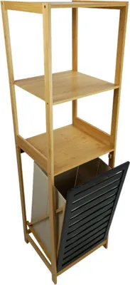 Zdjęcie produktu dla Regał łazienkowy bambusowy z koszem na pranie uchylny czarny 3 półki wąski 130x36x33 cm BEGRYF